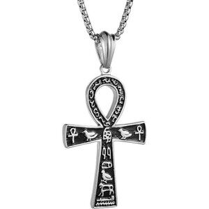Silver-Big  Ankh Cross Pendant Ancient Egyptian Hieroglyphic 22+2 Inch Chain